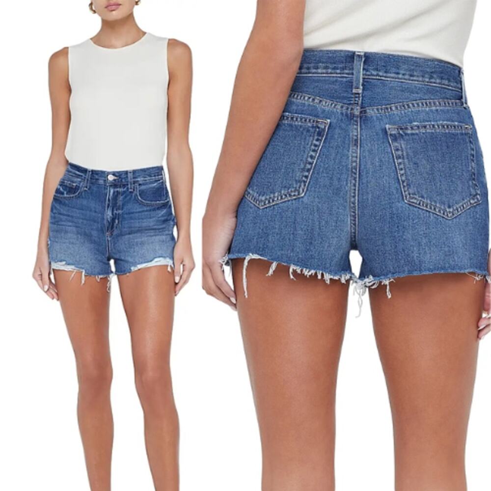 NEW L'agence Clark High Rise Distressed Denim Shorts Dark Wash Size: 24